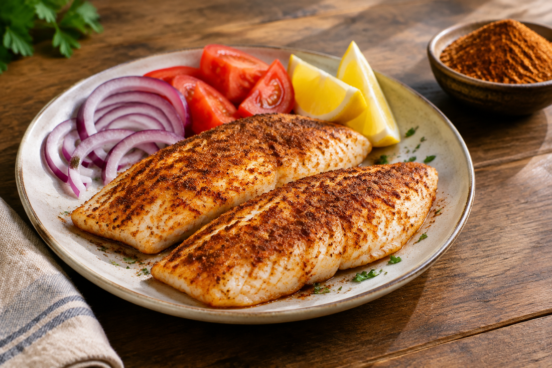 Suya-spiced fish fillets served with sliced red onion, tomato, lemon wedges, and a bowl of seasoning.