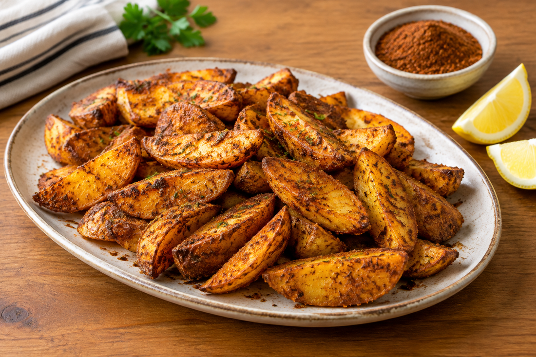 Golden roasted potato wedges with a reddish-brown spice coating, served beside a bowl of seasoning and lemon wedges.