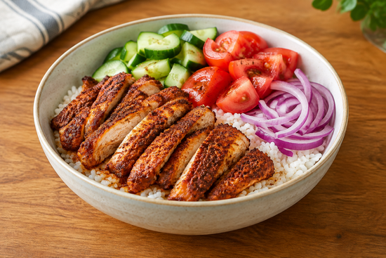 Rice bowl topped with suya-spiced chicken slices, cucumber, tomato, and red onion.