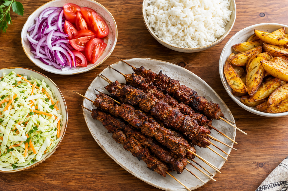 Beef suya skewers served with sliced onions and tomatoes, plain rice, roasted potato wedges, and cabbage salad.