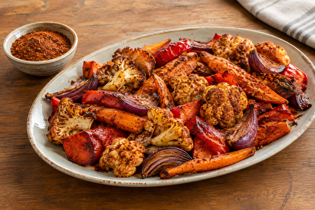 Roasted carrots, cauliflower, red peppers, and onions with a reddish-brown spice coating on a ceramic platter.